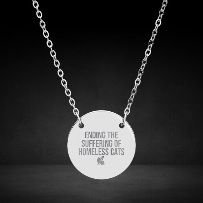 Pendant necklace with engraved cat message.